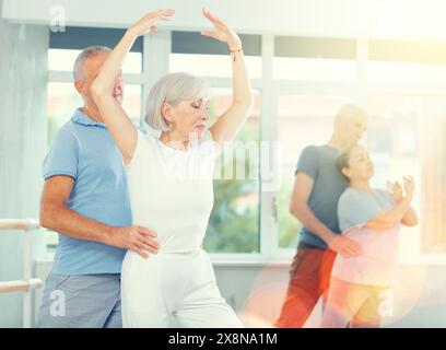 Coppia di ballerini maturi contemporanei che eseguono graziose coreografie, allenando il balletto entrechat in posa nella sala del balletto Foto Stock
