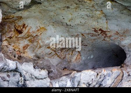 Antiche pitture rupestri di pesci e animali in una piccola grotta nella baia di Phang Nga, Thailandia Foto Stock