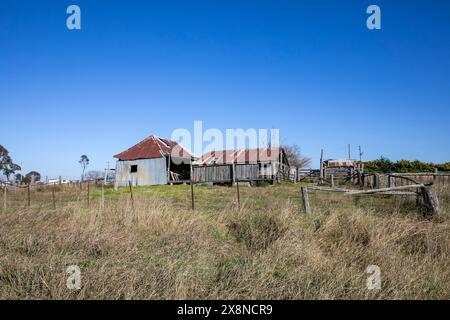 Fattoria australiana, capannoni rustici ed edifici agricoli in una fattoria australiana nel parco nazionale Oxley Wild River, NSW, Australia Foto Stock