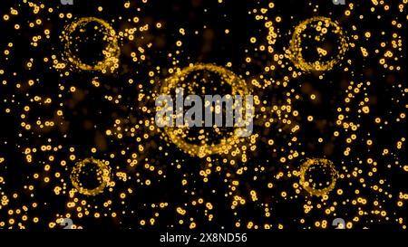 Cerchi luminosi che distorcono il flusso di bolle. Design. Le bolle che si muovono verso l'alto sono cerchi morenti su sfondo nero. Distorsione spaziale sotto forma di cerchi in Foto Stock