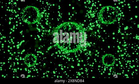 Cerchi luminosi che distorcono il flusso di bolle. Design. Le bolle che si muovono verso l'alto sono cerchi morenti su sfondo nero. Distorsione spaziale sotto forma di cerchi in Foto Stock