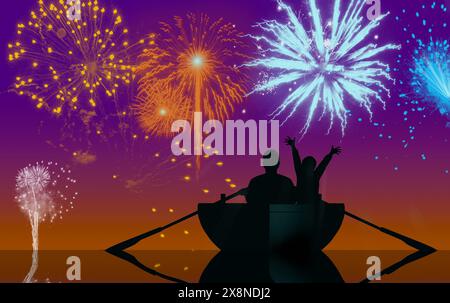 Un padre e un figlio osservano un'esposizione dei fuochi d'artificio dalla loro barca a remi su un lago in questa illustrazione 3-d circa il 4 luglio e gli spettacoli dei fuochi d'artificio. Foto Stock