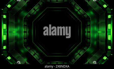 Elegante corridoio verde di sfondo luminoso. Design. Tunnel fantascientifico con pareti brillanti al neon. Foto Stock