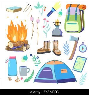 Set di elementi da campeggio ed escursionismo. Articoli turistici estivi per trekking e picnic. Illustrazione vettoriale disegnata a mano. Illustrazione Vettoriale
