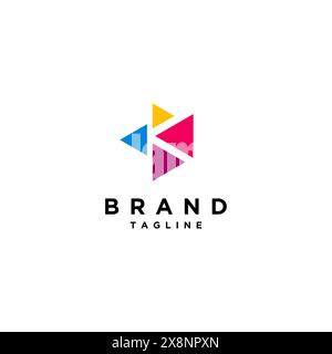 La lettera K si trova nello spazio negativo tra quattro triangoli colorati. Quattro triangoli colorati con la lettera K al centro. Illustrazione Vettoriale