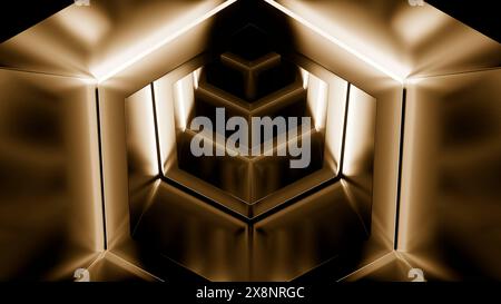 Animazione 3D di interni di un'architettura aliena industriale fantascientifica. Design. Al neon all'interno di una nave spaziale aliena. Foto Stock
