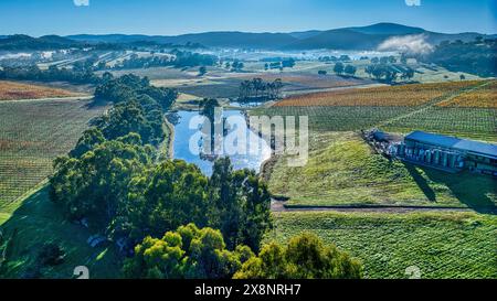 Volo sopra il vigneto della Yarra Valley con una diga e nebbia sotto le colline in lontananza Foto Stock