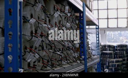 Stock di rotoli sugli scaffali. Creatività. Materiale isolante in rotoli in magazzino. Foto Stock