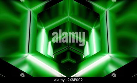 Animazione 3D di interni di un'architettura aliena industriale fantascientifica. Design. Al neon all'interno di una nave spaziale aliena. Foto Stock