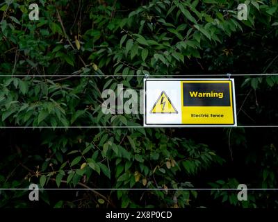 Segnale di avvertenza recinzione elettrica con icona di scossa elettrica installata sul filo che separa le abitazioni dalla foresta per motivi di sicurezza. Prevenire gli animali o. Foto Stock