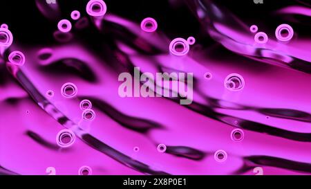 Le bolle al neon si muovono sulla superficie del liquido. Design. Le bolle al neon brillanti si muovono sulle increspature di liquido. Bellissime bolle si muovono su un liquido astratto sfocato Foto Stock
