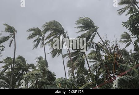 Laguna, Calabarzon, Filippine. Maggio 26,2024: Annunciata come grave depressione tropicale, la prima tempesta a colpire l'arcipelago quest'anno Aghon (Ewiniar) ha sorpreso i filippini per la sua intensità devastante: Inondazioni, distruzioni di case, interruzioni di corrente e acqua previste per i giorni, cadute di alberi, centinaia di soccorsi e famiglie nei centri di evacuazione... Riclassificato come tifone, gov ha rilasciato P1.2M di aiuti umanitari alle vittime e preparato 3 miliardi di P3 di fondi di standby. In poche ore, il paese è passato da record di caldo di mesi e siccità estrema a piogge torrenziali e inondazioni. Crediti: Kevin Izorce/Alamy Live News Foto Stock