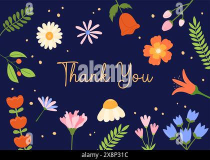 Biglietto di ringraziamento. Design floreale. Fiori e testo carini Grazie. Biglietto d'auguri con sfondo astratto in fiore. Illustrazione vettoriale Illustrazione Vettoriale