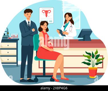 Illustrazione del vettore della clinica di riproduzione con tecnologia di riproduzione assistita, fecondazione delle provette o cella per uova su sfondo cartonato Illustrazione Vettoriale