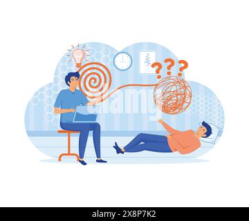 Psicoterapia, disfarsi di situazioni complesse, concetto di psichiatria sociale, terapista e paziente. illustrazione moderna vettoriale piatta Illustrazione Vettoriale