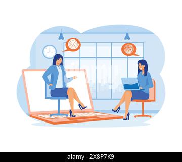 Assistenza psicologica online e supporto alla psicologa del servizio e al paziente che riceve videochiamate utilizzando un'app tecnologica moderna. illustrazione moderna a vettore piatto Illustrazione Vettoriale