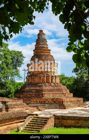 Lo stupa di Wat e-Kang, Wiang Kum Kam, incorniciato dalle foglie di un albero di bidhi Foto Stock