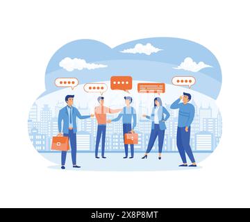 Un collega del team aziendale che discute di lavoro durante una riunione con bolle di comunicazione. Discussione, conversazione, riunione, comunicazione di gruppo, chat con i colleghi, opino Illustrazione Vettoriale
