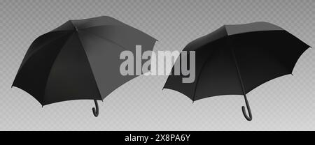 Modello di ombrello nero. Modello di vista ombrello aperto isolato realistico per il branding. Design mock-up per protezione contro la pioggia. Pubblicità o presentazione di accessori per esterni per la stagione autunnale Illustrazione Vettoriale