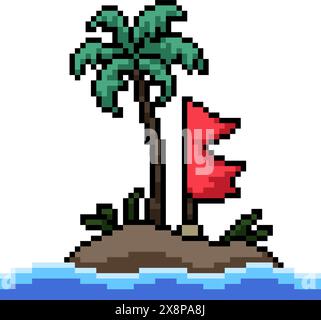 pixel art di sfondo isolato dell'isola con bandiera rossa Illustrazione Vettoriale