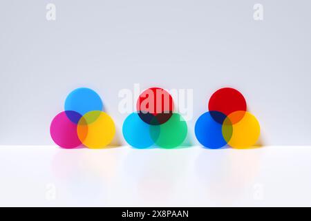 Teoria del colore. Modelli a colori su cerchi in plexiglass. Tre modelli additivi o sottrattivi di CMY o CMYK (ciano, magenta, giallo e nero), RGB (rosso, GRE Foto Stock