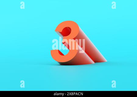 Numero tre arancione su sfondo blu. Numeri di rendering 3D per banner, logo e modelli. Foto Stock