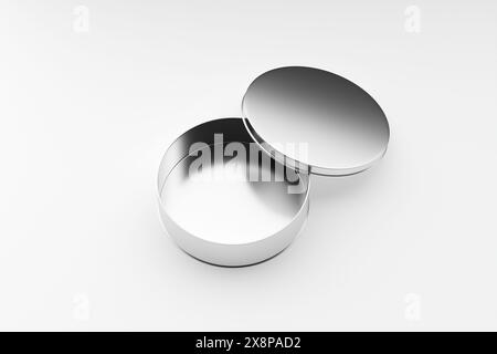 Scatola rotonda in alluminio con stagno in metallo aperta su sfondo bianco. Modello di modello per l'esposizione e il posizionamento del prodotto. Vista ad angolo alto. Rendering 3D. Foto Stock