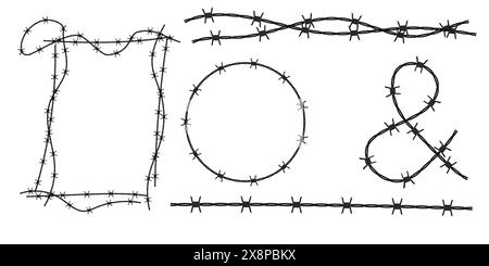 Sagome in filo spinato intrecciato disposte in forme arrotondate e quadrate. Illustrazione vettoriale di telai di recinzione con portagomma in acciaio nero. Concetto di protezione Illustrazione Vettoriale