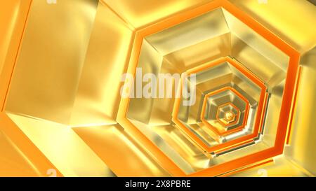 Animazione di una caduta in un colorato tunnel di fantascienza esagonale. Movimento. Corridoio luminoso di forma frattale. Foto Stock