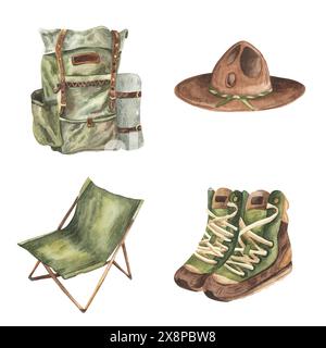 Berretto con scarponi da sedia e borsa camper. Gli oggetti del campo di acquerello sono ambientati simboli del campeggio turistico all'aperto . Isolato su sfondo bianco. marcia attiva Foto Stock