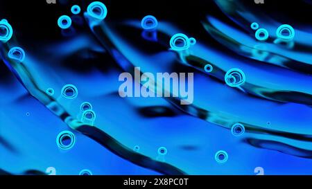 Le bolle al neon si muovono sulla superficie del liquido. Design. Le bolle al neon brillanti si muovono sulle increspature di liquido. Bellissime bolle si muovono su un liquido astratto sfocato Foto Stock