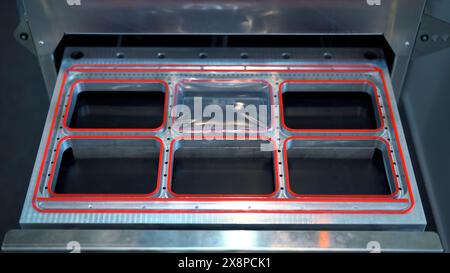 Primo piano di una macchina automatica per la realizzazione di contenitori in plastica. Supporto. Background industriale, dettagli della linea di produzione. Foto Stock