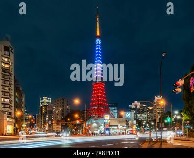 Scoprite il vibrante fascino di Tokyo con questa suggestiva immagine della Tokyo Tower illuminata contro il cielo notturno. Foto Stock