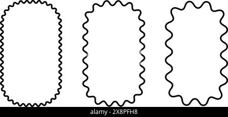 Riquadro del bordo della curva dell'onda lineare. Bordi rettangolari smerlati ondulati. Cornice rettangolare disegnata con doodle. Casella di testo ovale vuota. Elemento di design eccentrico a zig-zag Illustrazione Vettoriale