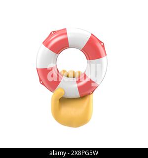 Concetto di aiuto. Lifebuoy tenuta in mano.illustrazione 3d design piatto. Supporto di beneficenza. Simbolo della speranza. Uomo d'affari con un salvagente in acqua. Date aiuto Foto Stock