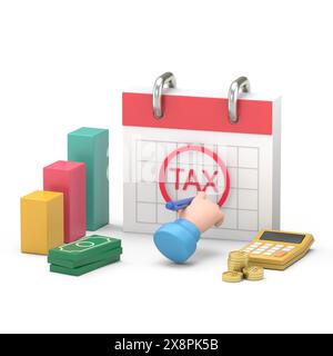 Icona movimento cartoni animati Mockup. Calendario di registrazione fiscale per l'uomo d'affari isometrico Flat 3d con marcatura a mano. Concetto giorno fiscale.rendering 3D su sfondo bianco. Foto Stock