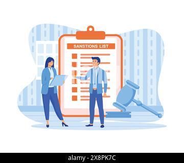 Concetto di sanzioni. Uomini d'affari che discutono di una lista di sanzioni con un martelletto di legge. illustrazione moderna vettoriale piatta Illustrazione Vettoriale
