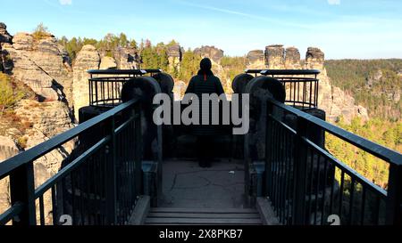 Una donna turistica si erge e ammira una splendida vista soleggiata sulle rocce e sulla foresta. Supporto. Donna in piedi sul ponte di osservazione e che guarda le rocce. Foto Stock