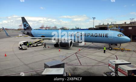 Aereo di linea la compagnie A321neo sull'asfalto dell'aeroporto internazionale Liberty di Newark presso il ponte di imbarco passeggeri, Newark, New Jersey, USA Foto Stock