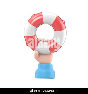 Concetto di aiuto. Lifebuoy tenuta in mano.illustrazione 3d design piatto. Supporto di beneficenza. Simbolo della speranza. Uomo d'affari con un salvagente in acqua. Date aiuto Foto Stock