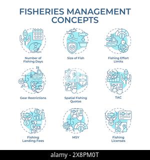 Icone di concetto blu tenue per la gestione della pesca Illustrazione Vettoriale