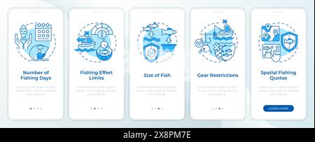 Schermata blu dell'app mobile onboarding per l'organizzazione del flusso di lavoro della pesca Illustrazione Vettoriale