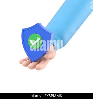 Icona dei gesti dei cartoni animati Mockup.3D con la mano che tiene lo scudo di sicurezza e il lucchetto. Protezione dei dati personali. Concetto di accesso sicuro. Verifica riuscita.3D r Foto Stock
