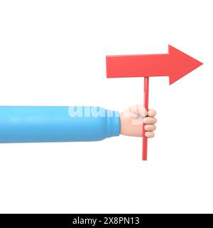 Icona movimento cartoni animati Mockup. Freccia del puntatore in una mano di cartone animato. Rendering Disney Cartoon.3D su sfondo bianco. Foto Stock