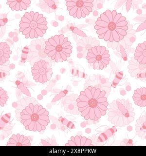 Motivo senza cuciture con api e fiori in rosa su sfondo bianco Illustrazione Vettoriale