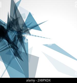 Una rappresentazione grafica di vetro rotto con frammenti blu sparsi che creano un motivo astratto e dinamico su uno sfondo bianco pulito. Illustrazione Vettoriale
