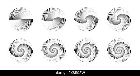 Cerchi concentrici con linee tratteggiate turbolente isolate su sfondo bianco. Icone ondulate circolari. Idromassaggio, tornado, onda sonar, onda sonoro o segnale Illustrazione Vettoriale
