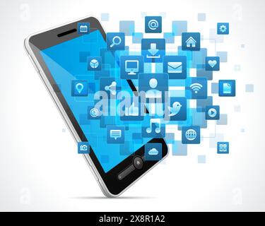 Uno smartphone visualizza una raffica di icone di social media e connettività in tonalità blu, a simboleggiare le attività di comunicazione digitale e networking online Illustrazione Vettoriale