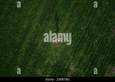 Vista aerea dell'agricoltore che detiene il telecomando del drone nel campo seminativo di grano, drone pov dall'alto verso il basso Foto Stock