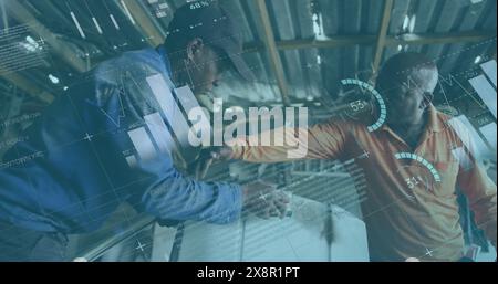 Immagine dell'interfaccia infografica, meccanico afroamericano che ripara la porta dell'auto in garage Foto Stock